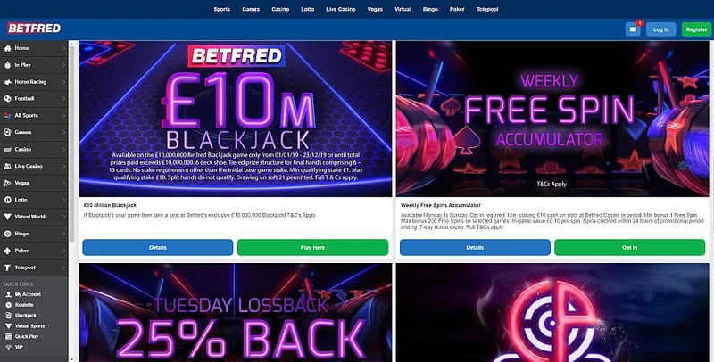 Bet Fred Casino welcome bonus offer showing bonus amounts and free spins